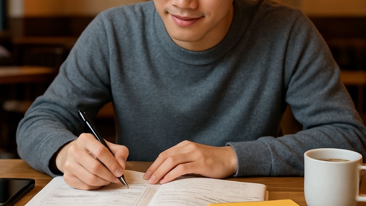 カフェで留学準備の勉強をする男性