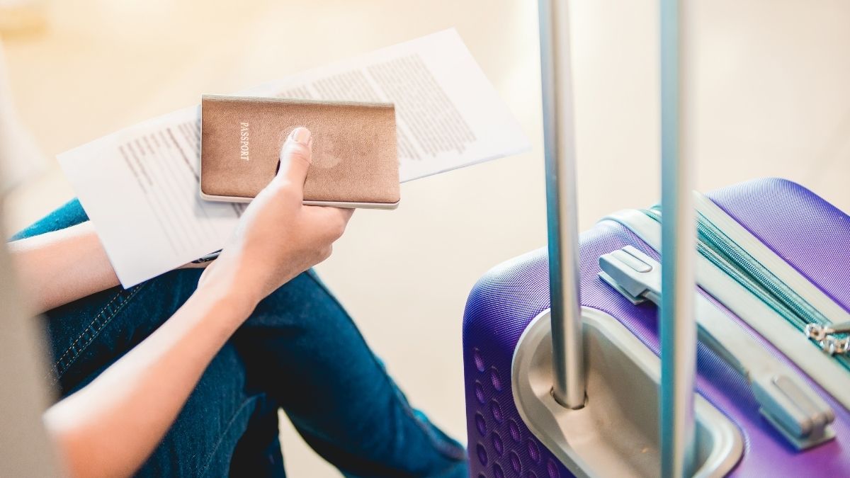 パスポートとスーツケースを持つ旅行者