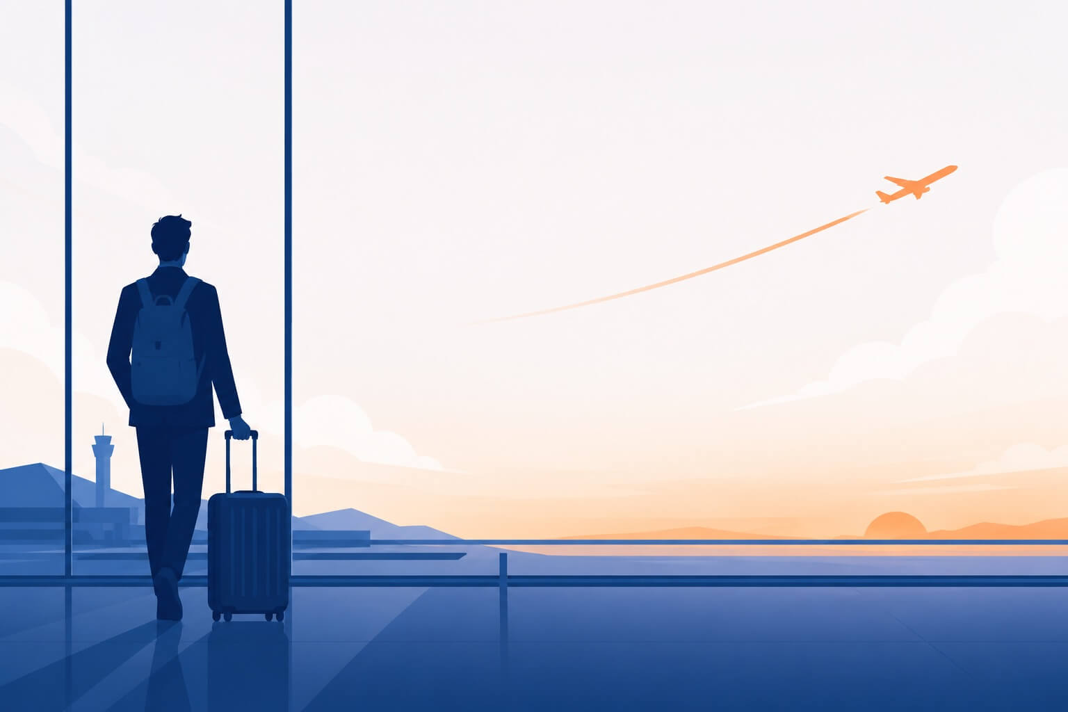 空港の窓辺でスーツケースを引く旅行者と、飛び立つ飛行機のイラスト